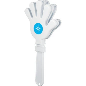 Novelty design party meeting fan clapper white handle hand shaped OEM own logo printed colorful PP durable plastic noise maker