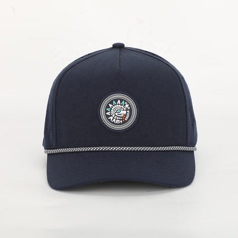 OEM Custom High Quality 5 Panel Rope Baseball Cap,Waterproof Laser Cut Hole Perforated Hat,PVC Rubber Patch Logo Dad Hat