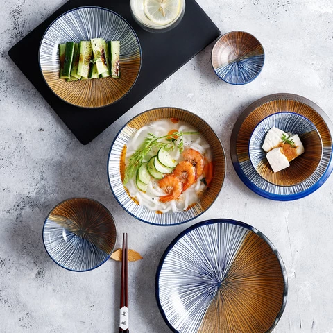 Personalized Creative Restaurant Dinnerware Stripe Pattern Cheap Japanese Ceramic Dinner Set For 2021