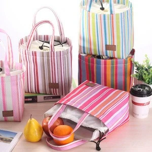 Portable Striped Lunch Bag Canvas Insulated Ice Food Storage Handbag Picnic Lunch Bags For Women Kids