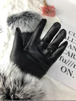 Punk Style Soft Sheep Leather Mittens With Black Fox Fur Cuff Animal Fur Loop Motorcycle Driving Leather Glovers