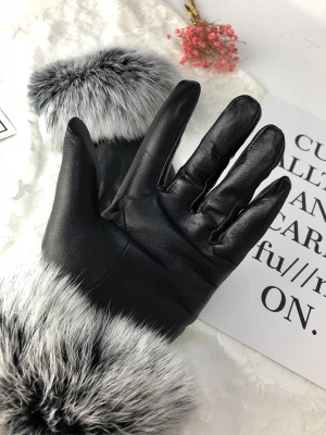 Punk Style Soft Sheep Leather Mittens With Black Fox Fur Cuff Animal Fur Loop Motorcycle Driving Leather Glovers