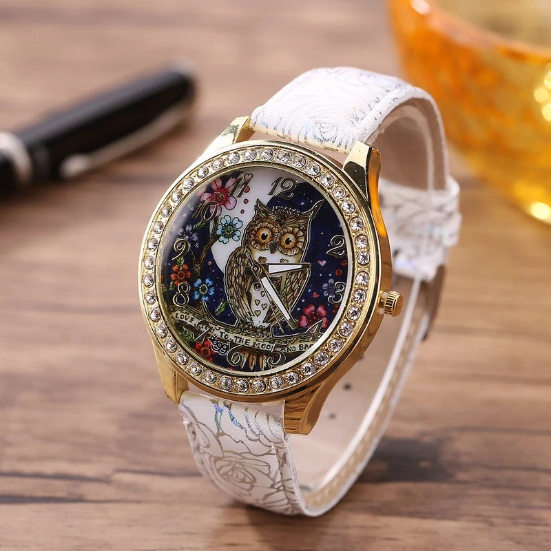 Sloggi charming watch cartoon owl moon quartz watch rose pattern belt watch