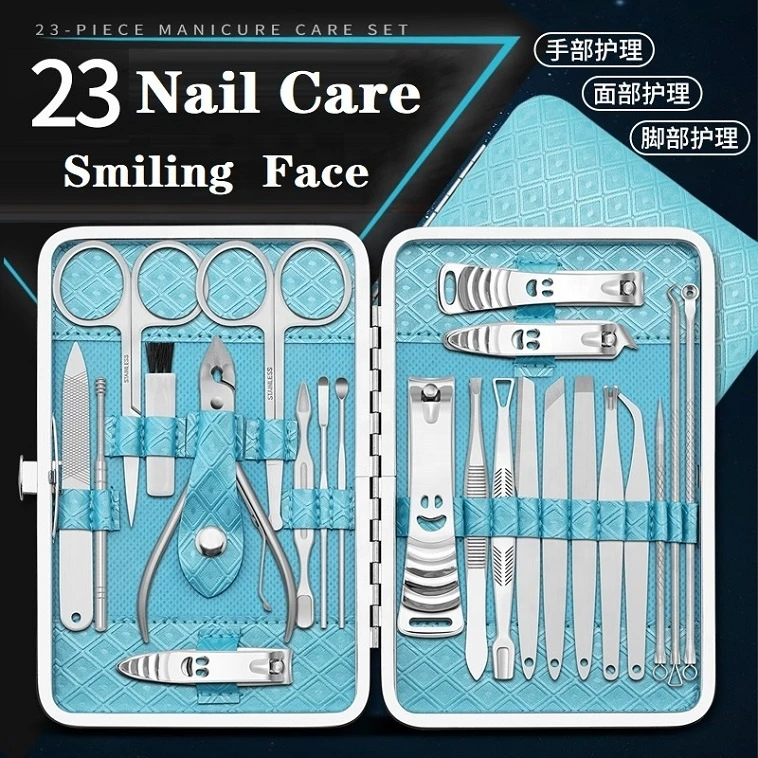 Smile Face Blue Manicure Set 23Pcs Nail Clippers Grooming Tool Kit Stainless Steel Travel Men Pedicure With PU Leather Case