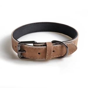 solid color PU leather pet dog collar with gold metal buckle