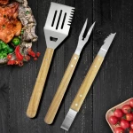 Stainless Steel BBQ Grill Tools Set Of 3 Including Fork Turner Tong With Wood handle For Grilling Kitchen  Accessories