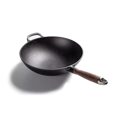 Stron thai cookware manufacturer non stick wok pan cookware sets Cast Iron Wok pan with wooden handle