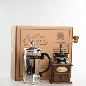 T-205 Nice Ecocoffee Accessories Packaging Gift Box one Glass Pot French Press + Coffee Manual Grinder for Family/Friends Gift