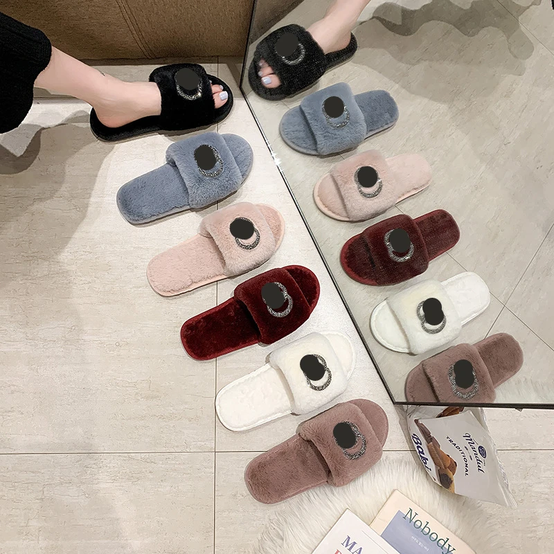 The latest fashion womens solid color GG rhinestone furry fur slippers soft home bedroom womens sandals and slippers