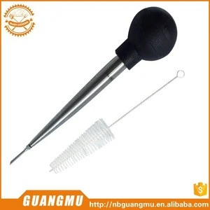Turkey Baster - Stainless Steel with FREE Baster Syringe Injector & Cleaning Brush. Heat Resistant Silicone Bulb