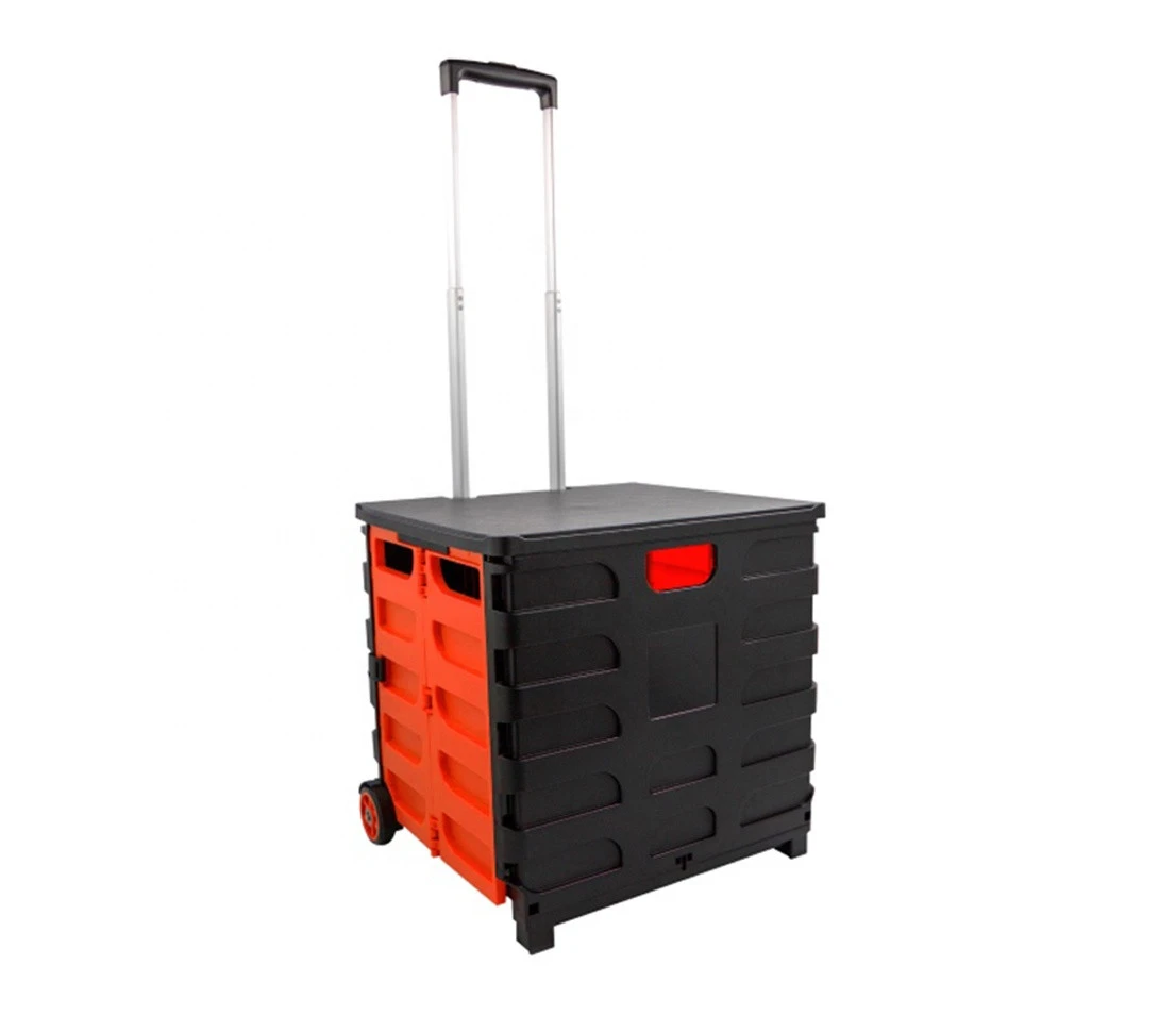 Two Wheels Foldable Rolling  Plastic Box With Heavy Duty Telescoping Handle Collapsible Storage Crate With Lid