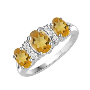 V3 Jewelry 925 Sterling Silver with Oval Shape Natural Citrine and White Topaz Three Stone Ring for Women