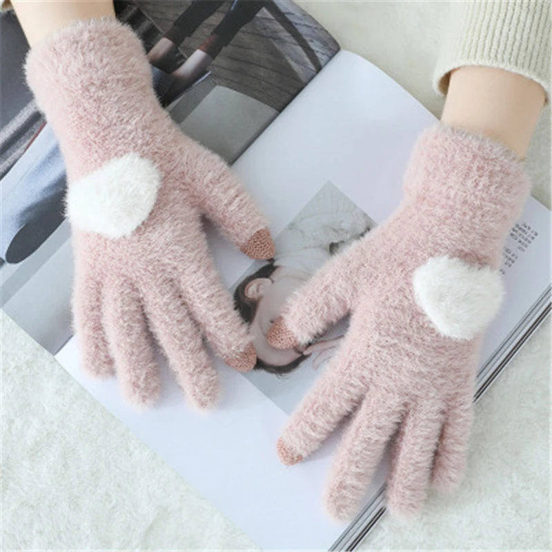 Warm and fashionable knitting in winter mink touch screen womens full finger knitted glove