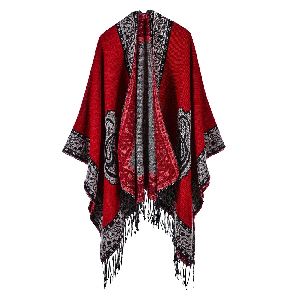 Warm cape ethnic wind cashmere tassel cashew flower windproof scarf shawl cape knit poncho