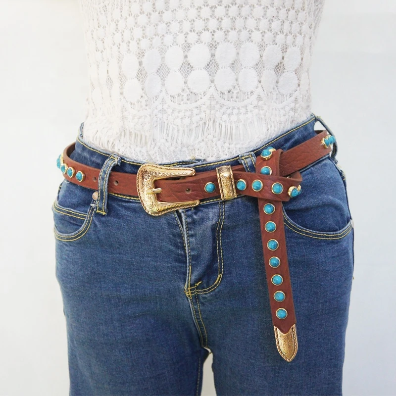 Western Simply Brown Genuine Leather Belt With Turquoise Stones 130cm