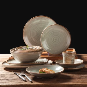 Wholesale factory 4 piece retro Turkish style round khaki japanese plate handmade glazed ceramic dinnerware dinner set porcelain