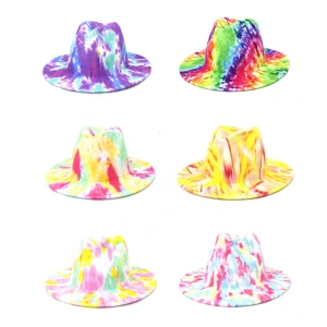 wholesale fadora other hats 2021 women wide brim tie dye graffiti and two tone panama felt fedora hats