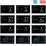 WiFi Smart Switch with Universal Socket,Crystal Glass panel 90~250V 13A wall Socket with Light Switch