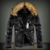Winter Autumn Pocket Button Warm Faux Fur Coat Men Denim Jacket with Fur Collar