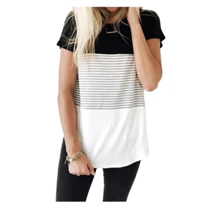 women Short Sleeve Round Neck Blouse Triple Color Block Stripe Casual T-Shirt