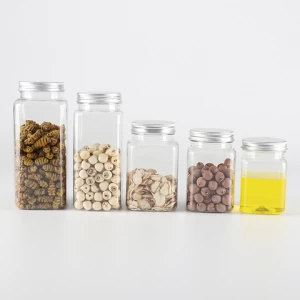 YUEKANG  Factory wholesale price plastic food storage clear square jars with Gold lids