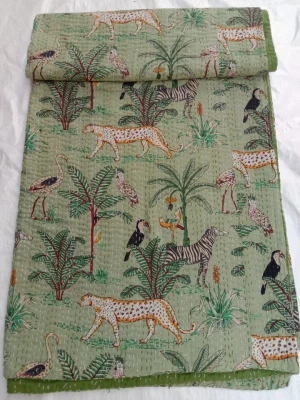 Handblock Jungle Tiger Print Handmade Cotton Kantha Quilting Throw Blanket
