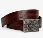 Scottish Celtic Embossed Genuine Leather Belt with Antique Celtic Knot Metal Buckle | Handmade Highland Belt