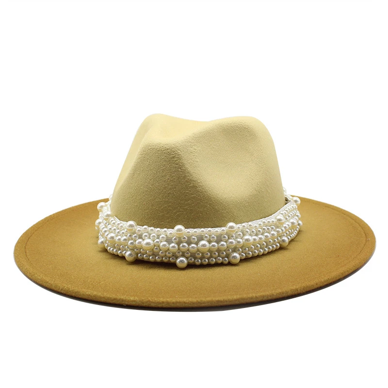 2020 new arrival ombre fedora Big Brim with pearl chain hat gradient two color jazz hat autumn and winter wool felt hat