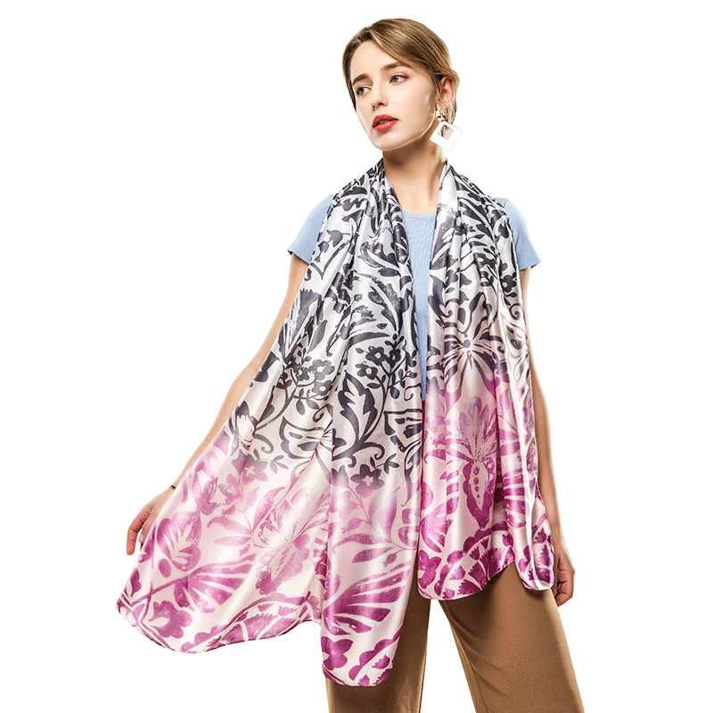 2021 New Arrivals Fashion Women Elegant Luxury Satin Shawl Scarves Tie Dye Floral Print Silk Scarf