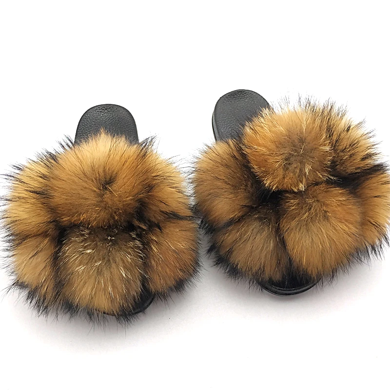 2021 Pvc hot sale super soft 100% real fox fur ball slippers sandals for women laday girls