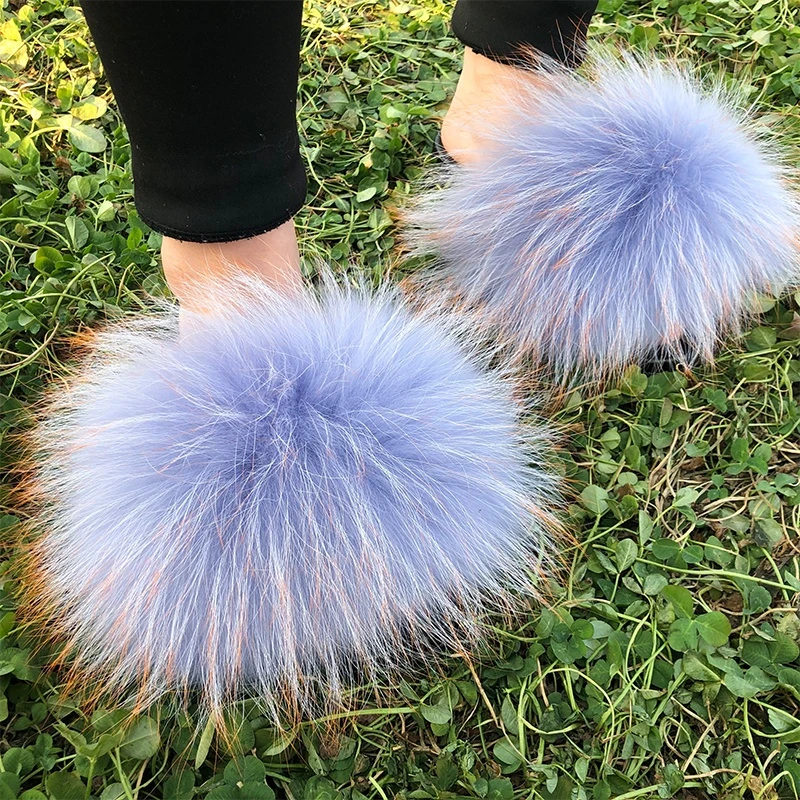 2021New Arrive Fashion Real Raccoon Fur Slippers Womens Trendy Full Real Fur Slides Fully Covered Raccoon Fur Slides