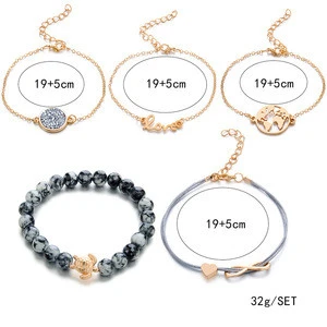 5 Pcs/ Set Punk Turtle Map Heart Letter Love Crystal Beads Chain Bracelet Multilayer Pendant Gold Bracelet Set Jewelry (KB8001)