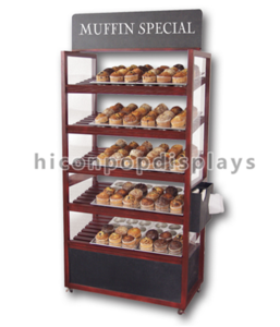 Bakery Store Instore Advertising Equipment Movable Floorstanding Cheap Dark Wood Bread Display Racks