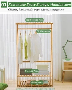 Bamboo Garment Coat Clothes Hanging Heavy Duty Rack with top Shelf and 2-Tier Shoe Clothing Storage Organizer Shelves
