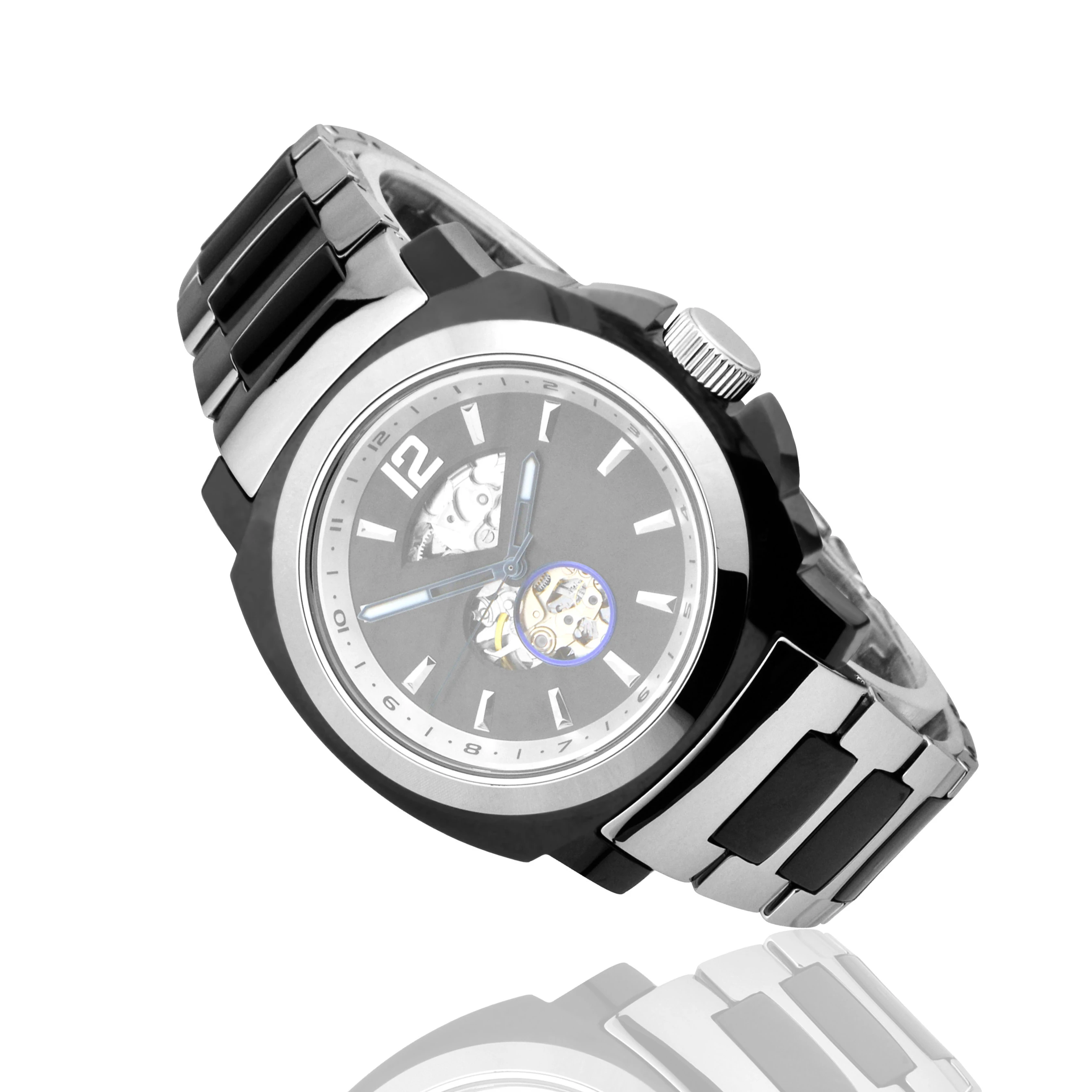 Big Case IP Black Plated Mens Watch Mechanical Watch Cheap Tungsten Watch Bands
