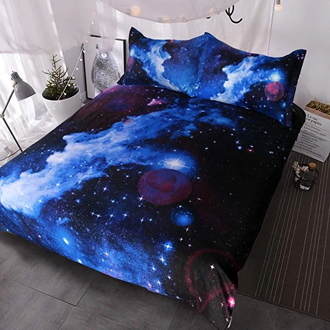 Blue and Purple Nebula Bedding Set 3D Galaxy Duvet Cover 3 Piece Kids Boys Girls Space Bedding