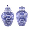 Blue and White Porcelain Geometric Sqaure Design Ceramic Pot Lidded Temple Ginger Jars