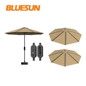 Bluesun factory supply patio use solar powered Led light USB charger 50w solar beach parasol umbrella With base.