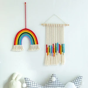 Bohemian rainbow macrame wall hanging Multicolor yarn wrapped wallhanging