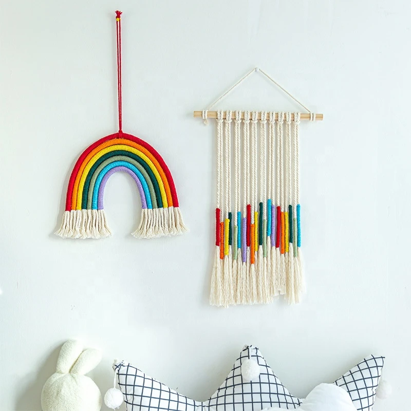 Bohemian rainbow macrame wall hanging Multicolor yarn wrapped wallhanging