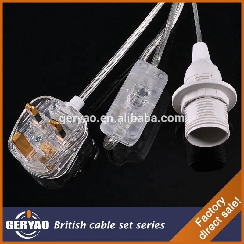 BS UK British Transparent power cable with 3 pin plug, on off switch,E14 lampholder