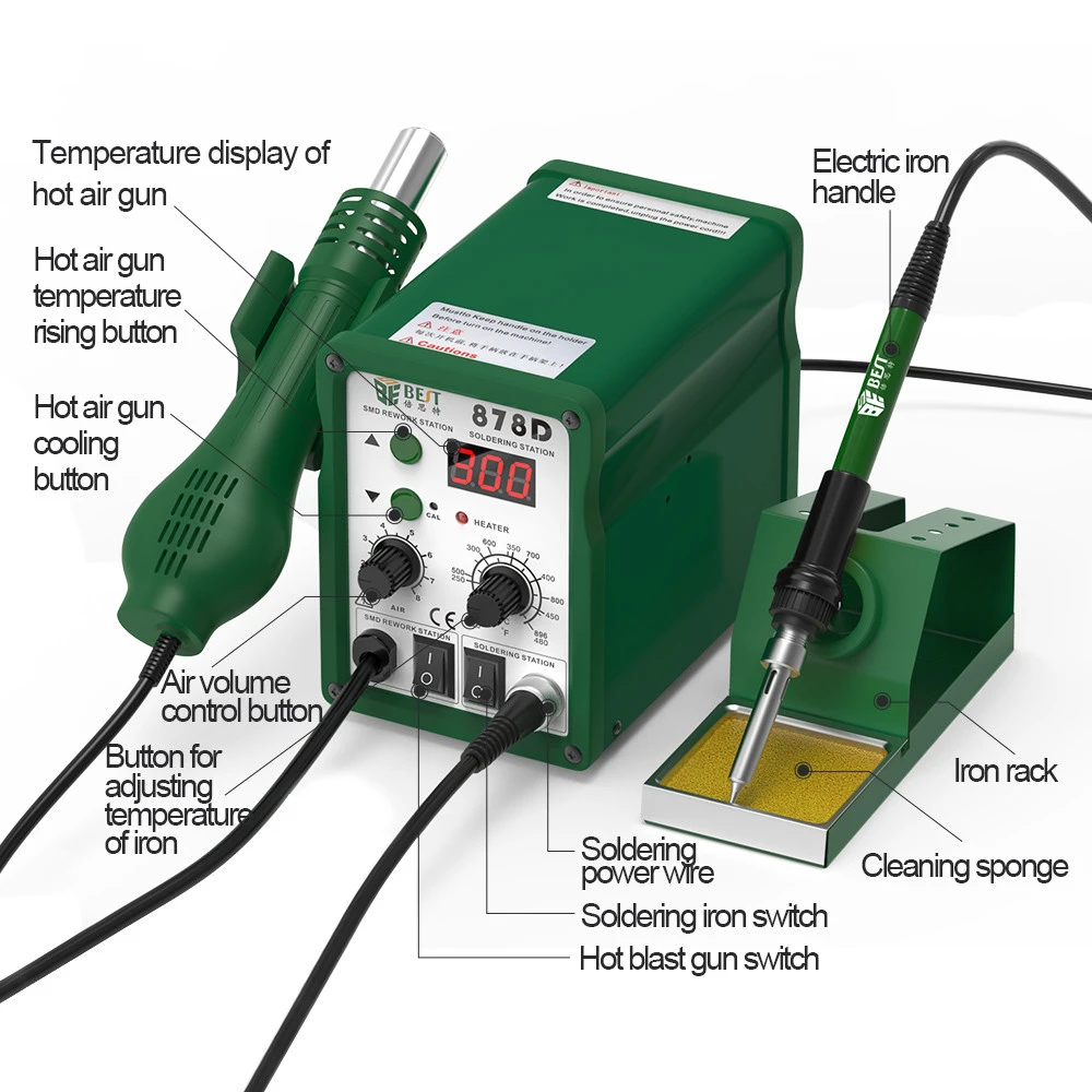 BST-878D High Quality Factory Direct 2 IN 1 Single LED Display Leadfree Soldering Station Hot Air Gun With Soldering Iron