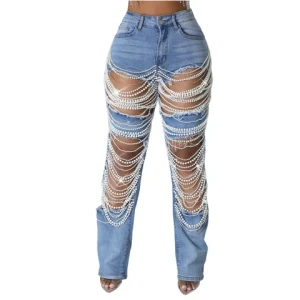 C Clothing 2024 Woman Ripped Pearl Chain Decor Jeans Fashion Long Denim Pants For Girls