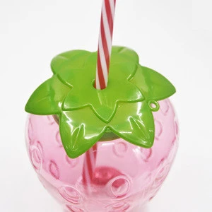 China supplier colorful cute strawberry shape plastic drinking water cup with straw
