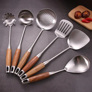 Chinese Cooking Accessories Tools Wooden Handle Utensils Stainless Steel Kitchen Tool Set