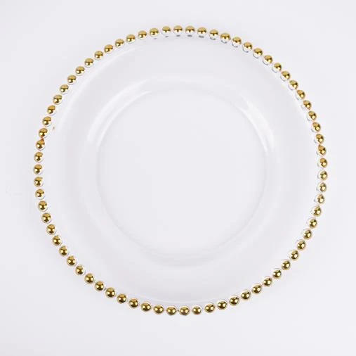Clear dinner wedding glass gold beaded charger plate