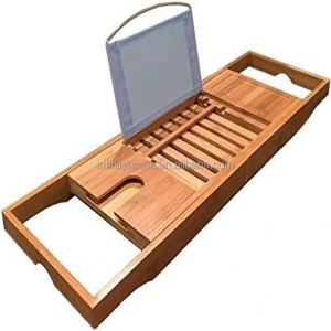 Clear lacquer Bamboo Bathtub Caddy Bath Tub or Serving Tray with adjustable slots