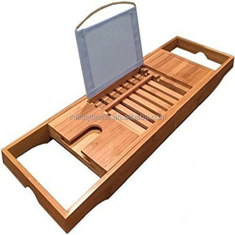 Clear lacquer Bamboo Bathtub Caddy Bath Tub or Serving Tray with adjustable slots