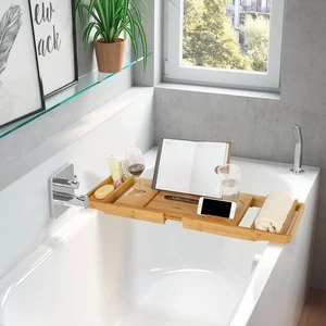 Combohome Bamboo Bathtub Tray Extending Sides Bath Table Adjustable Caddy Tray Bathroom Cellphone Tray and Wineglass Holder