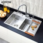 Commercial Handmade Double Bowl Stainless Steel Kitchen Sink With Drainboard